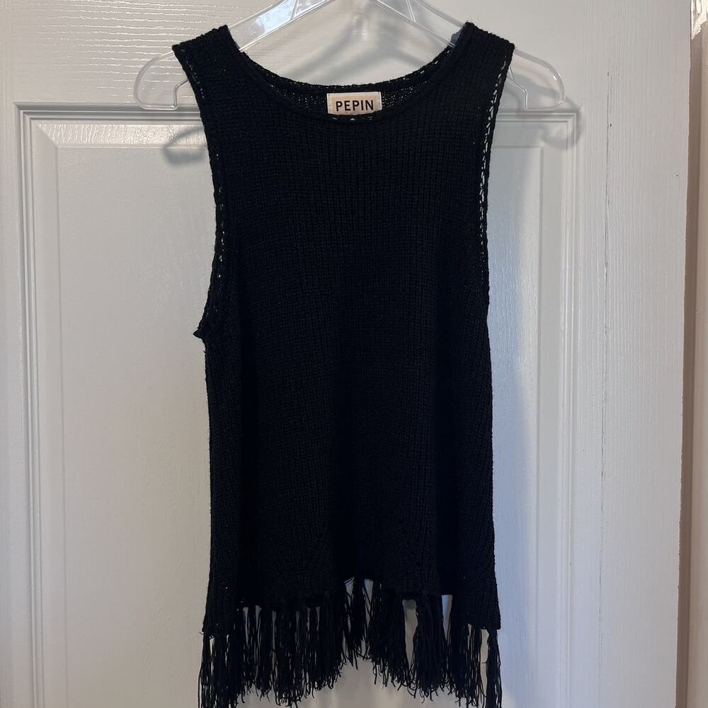 Pepin/ Anthropologie/ Knit Sleeveless Top/ Black Medium/ Fringe